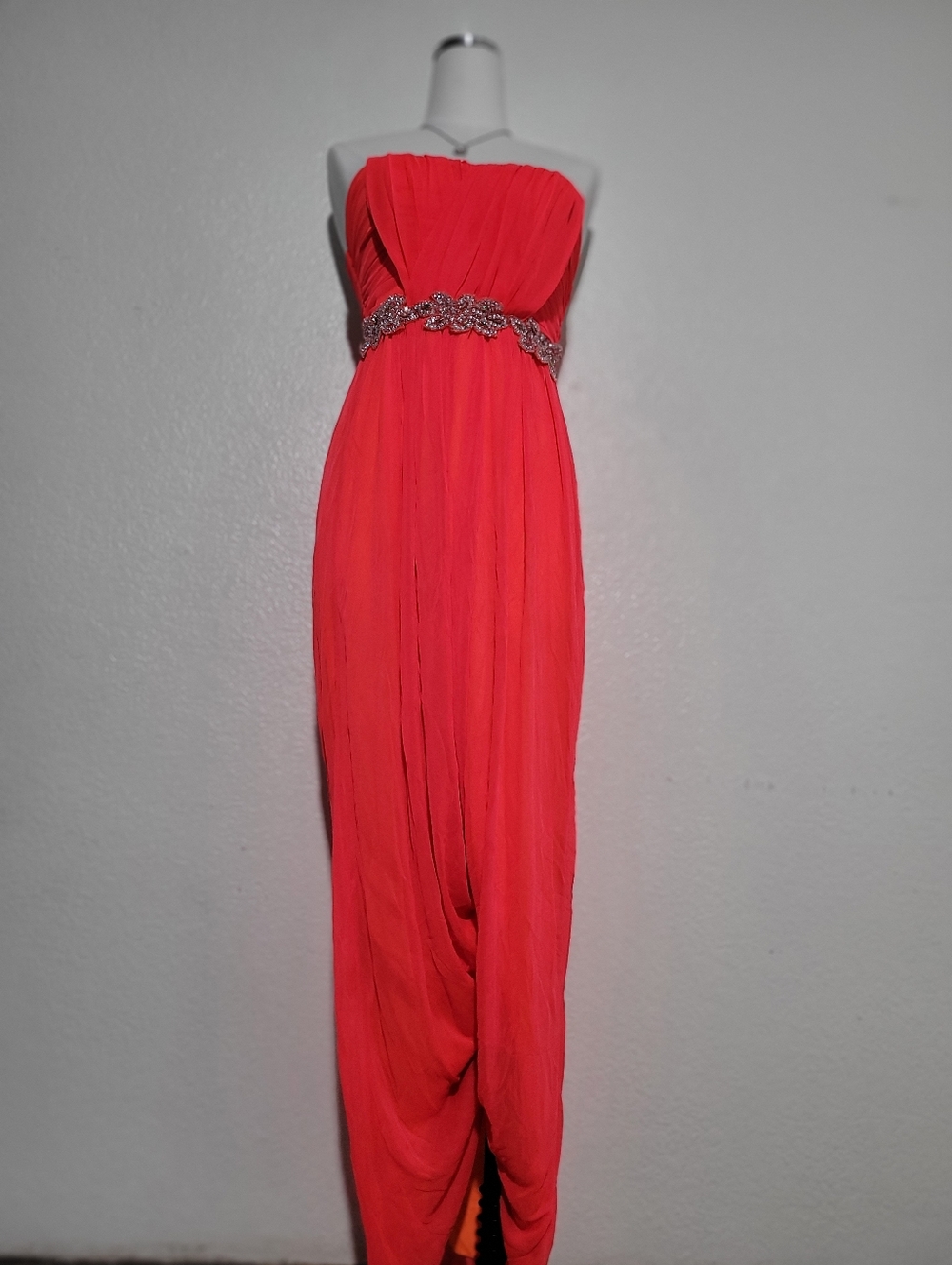 Jodi Kristopher Red/Orange Strapless Maxi Evening Prom Dress  Beaded Waist Sz 1.